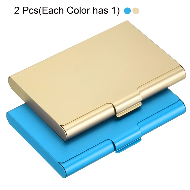 2Pcs Professional Pocket Metal Business Card Case Holder Wallet Gold, Blue