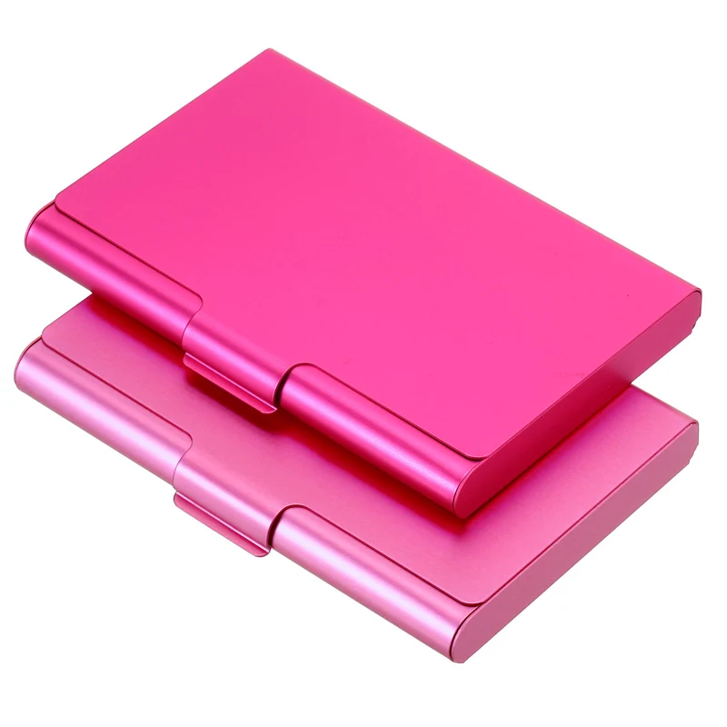 Business Card Holder, 2 Pack Aluminum Metal Card Case Professional Pocket Card Holder for Name Card Credit Card, Rose Red, Pink