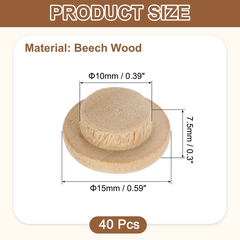 40Pcs Wood Button Plugs, 10mm/0.39" Beech Hardwood Screw Hole Plug for Furniture