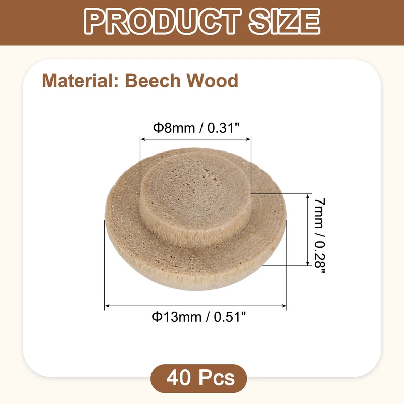 40Pcs Wood Button Plugs, 8mm/0.31" Beech Hardwood Screw Hole Plug for Furniture