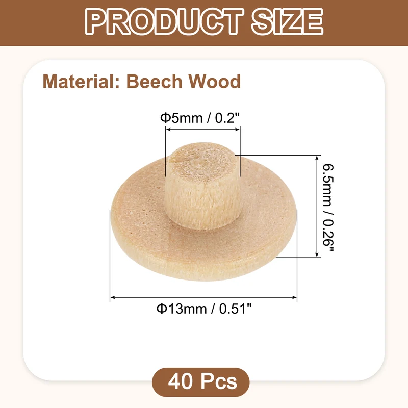 40Pcs Wood Button Plugs, 5mm/0.2" Beech Hardwood Screw Hole Plug for Furniture