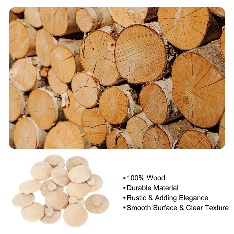36Pcs Wood Button Plugs, 7mm/0.28" Hardwood Screw Hole Plug for Furniture