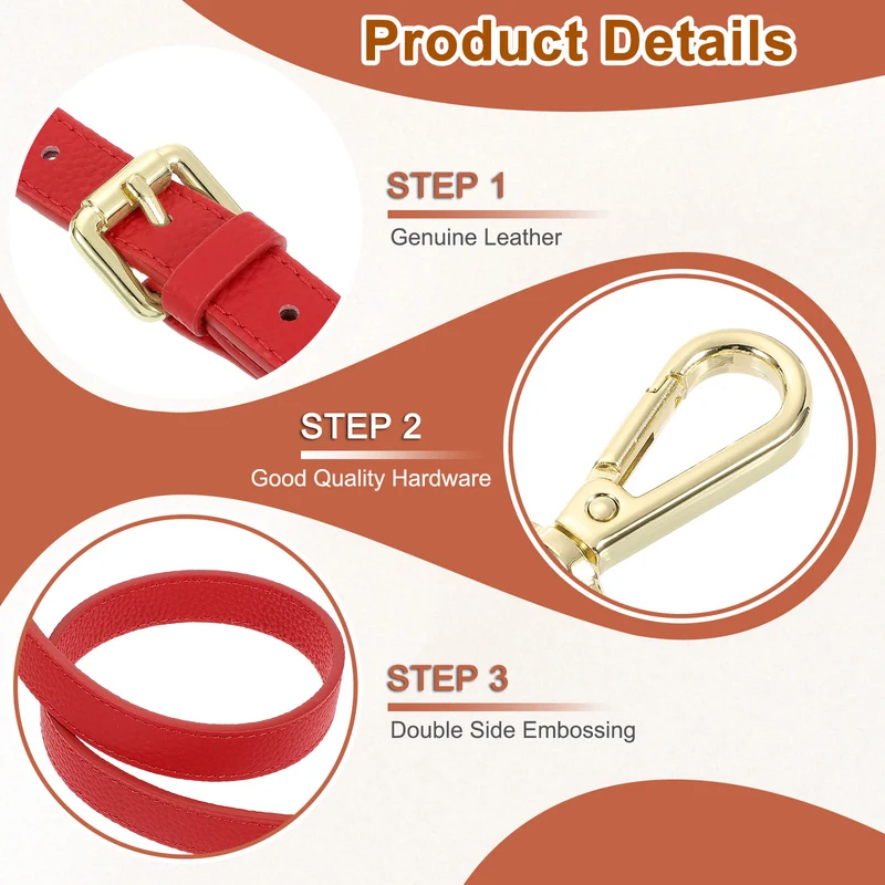 0.6" Genuine Leather Purse Strap for Bag (Bright Red, Gold Buckle)