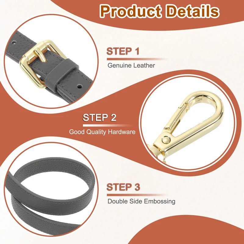 0.6" Genuine Leather Purse Strap for Bag (Dark Gray, Gold Buckle)