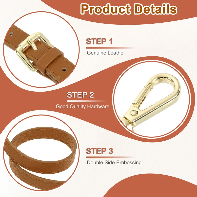0.6" Genuine Leather Purse Strap for Bag (Light Brown, Gold Buckle)