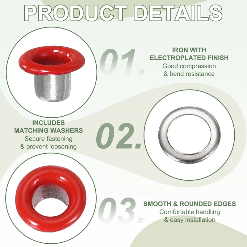 Grommets Kit, Metal Eyelets with Washers 4mm 5/32" & 250 Set & Red
