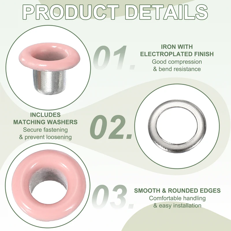 Grommets Kit, Metal Eyelets with Washers 4mm 5/32" & 250 Set & Pink