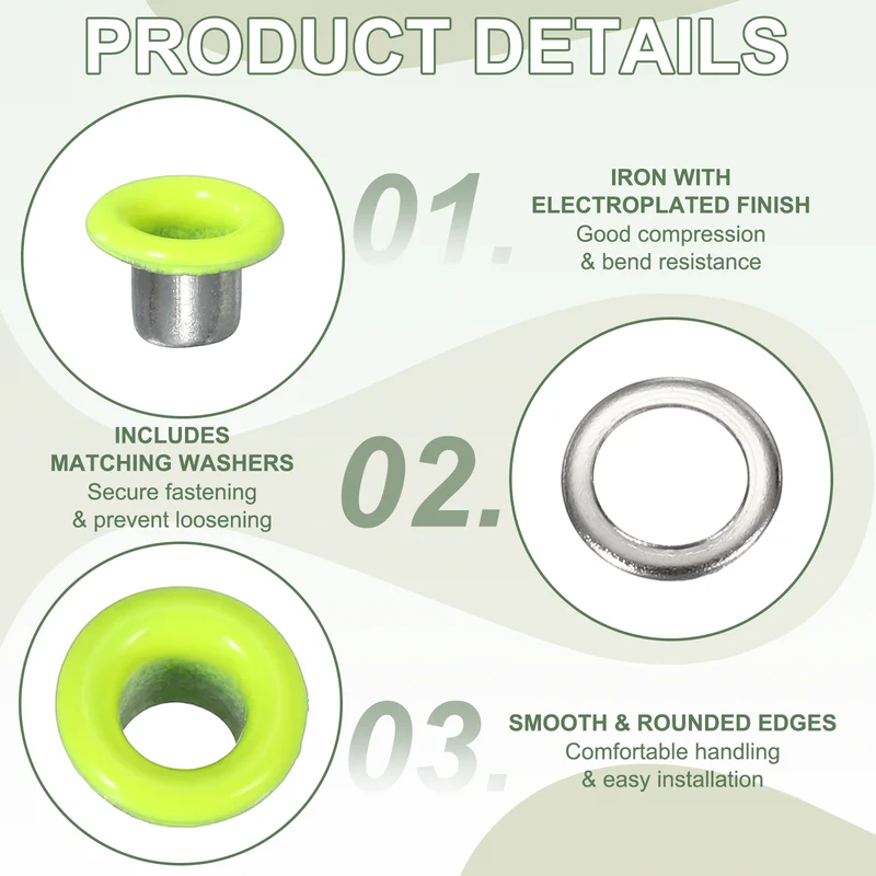 Grommets Kit, Metal Eyelets with Washers 4mm 5/32" & 250 Set & Fluorescent Green