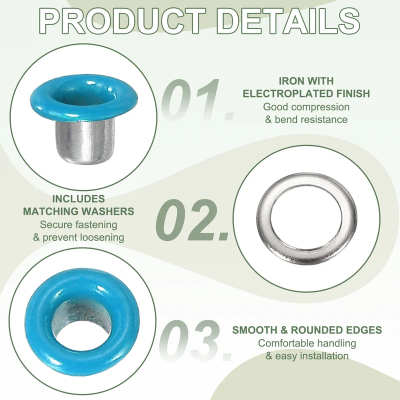 Grommets Kit, Metal Eyelets with Washers 3mm 1/8" & 250 Set & Sky Blue