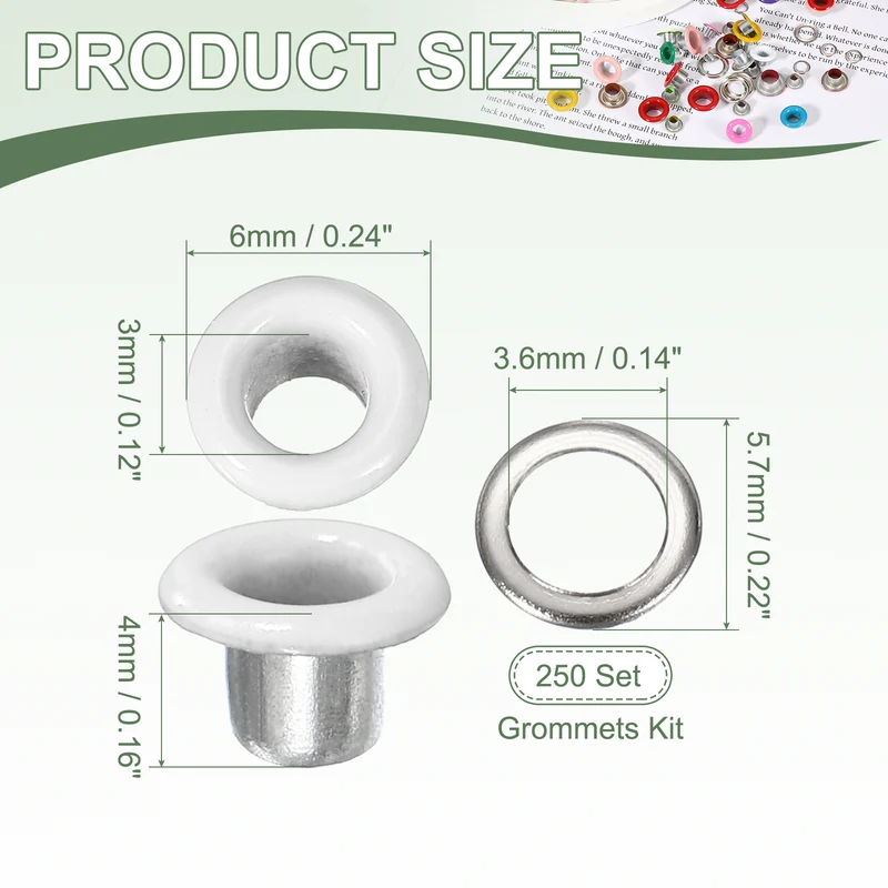 Grommets Kit, Metal Eyelets with Washers 3mm 1/8" & 250 Set & White