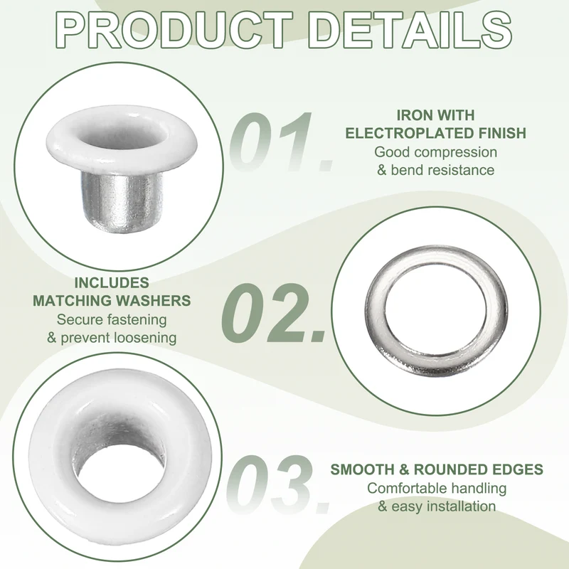 Grommets Kit, Metal Eyelets with Washers 3mm 1/8" & 250 Set & White