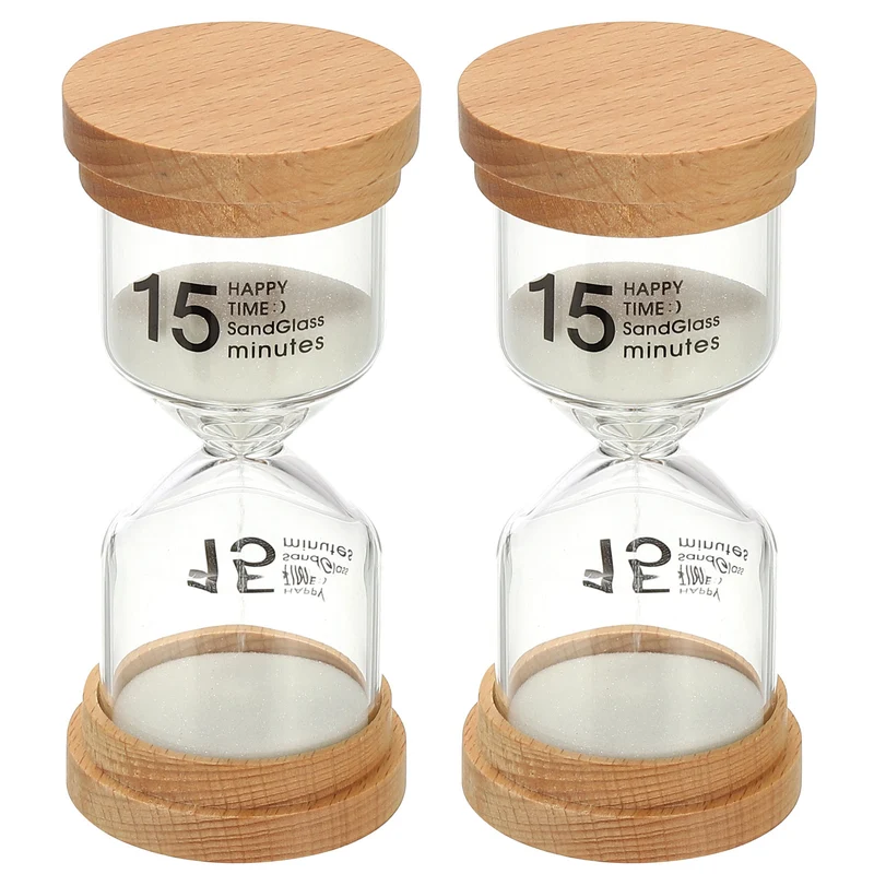 15 Minute Sand Timer, 2 Pcs High Borosilicate Glass Wooden Sand Watch, White