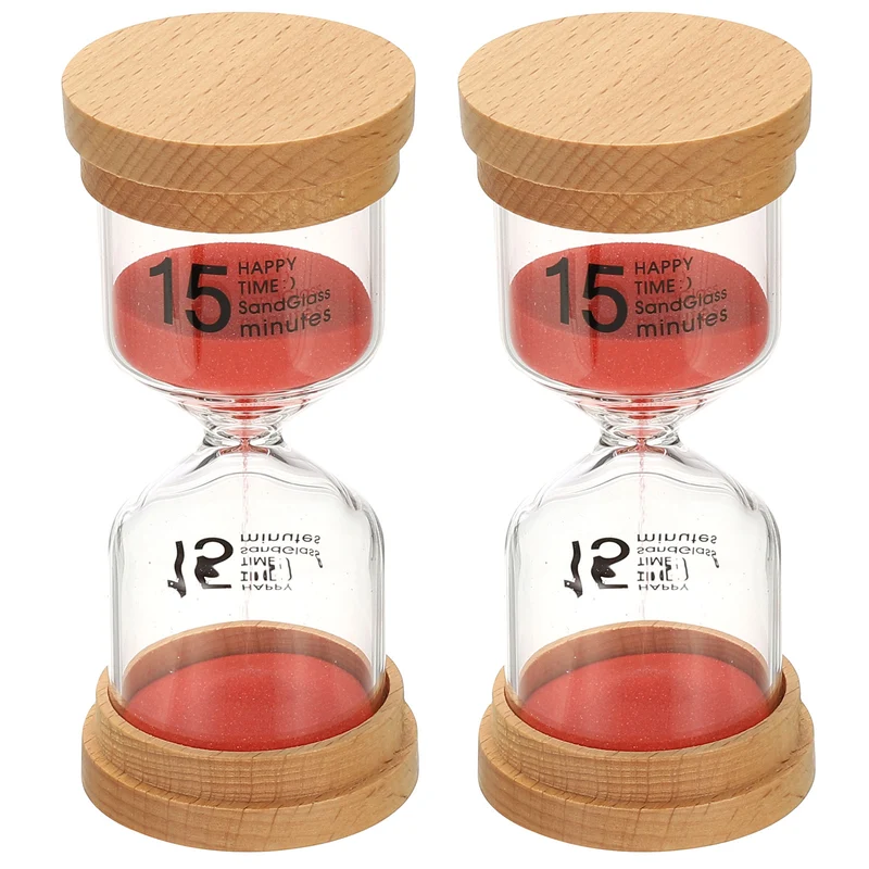 15 Minute Sand Timer, 2 Pcs High Borosilicate Glass Wooden Sand Watch, Red