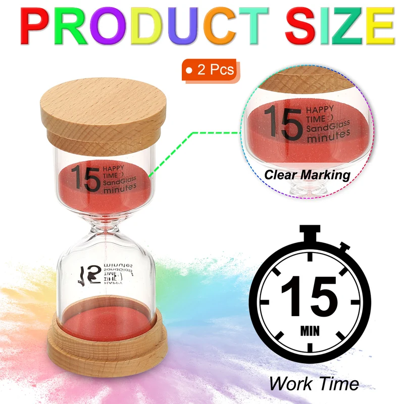 15 Minute Sand Timer, 2 Pcs High Borosilicate Glass Wooden Sand Watch, Red