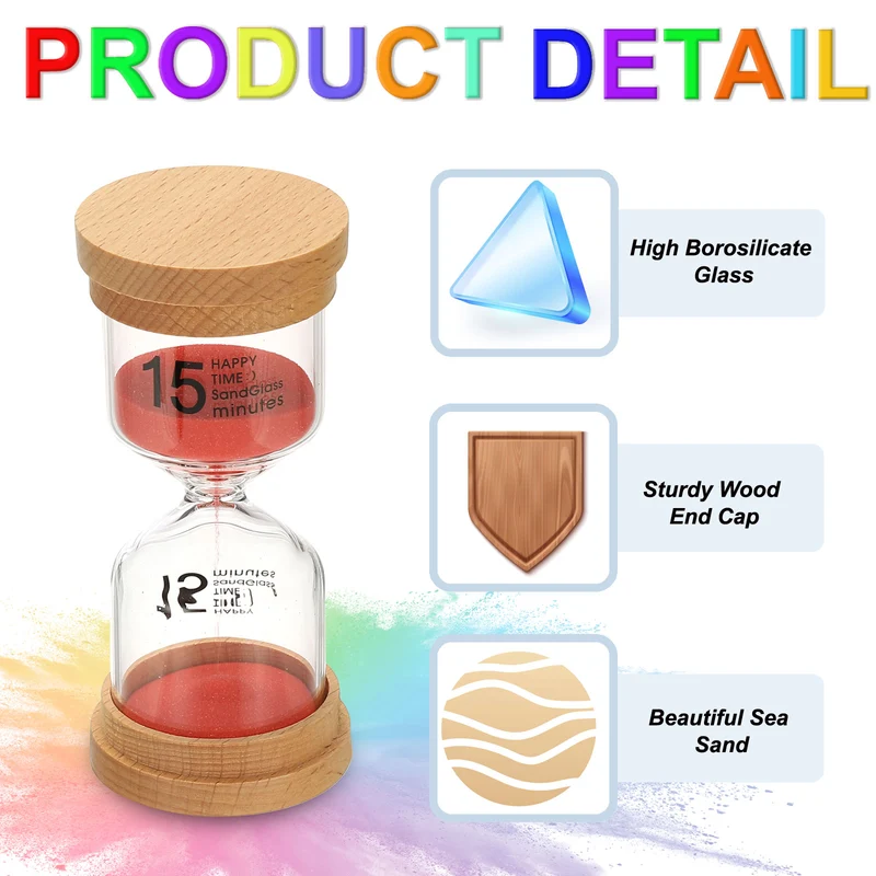 15 Minute Sand Timer, 2 Pcs High Borosilicate Glass Wooden Sand Watch, Red