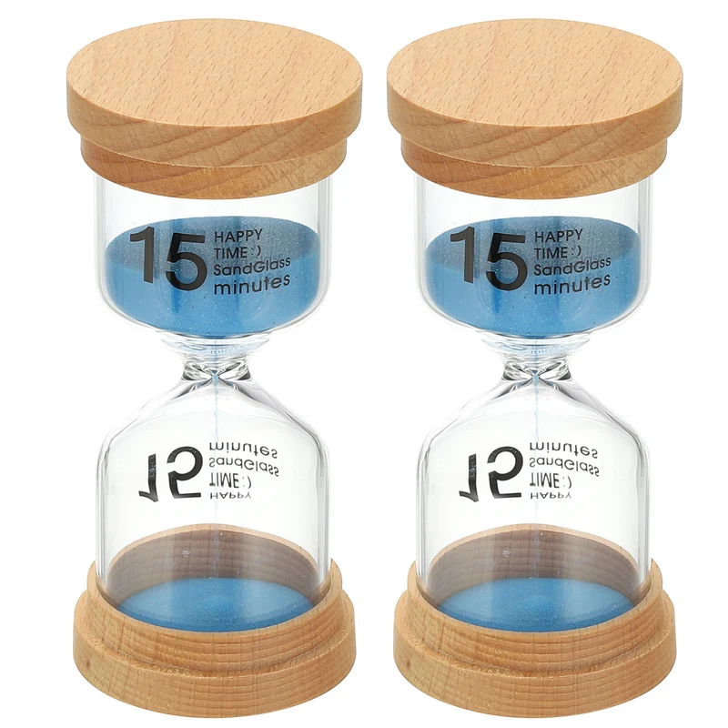 15 Minute Sand Timer, 2 Pcs High Borosilicate Glass Wooden Sand Watch, Blue