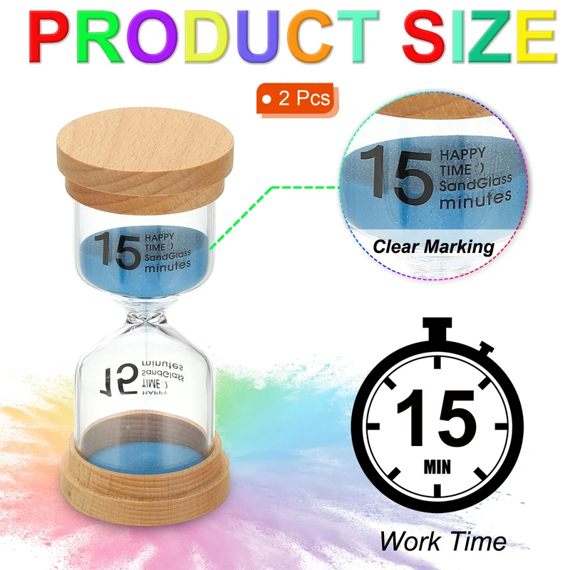 15 Minute Sand Timer, 2 Pcs High Borosilicate Glass Wooden Sand Watch, Blue