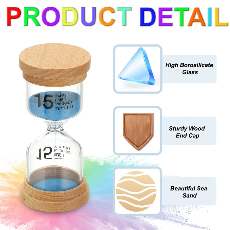 15 Minute Sand Timer, 2 Pcs High Borosilicate Glass Wooden Sand Watch, Blue