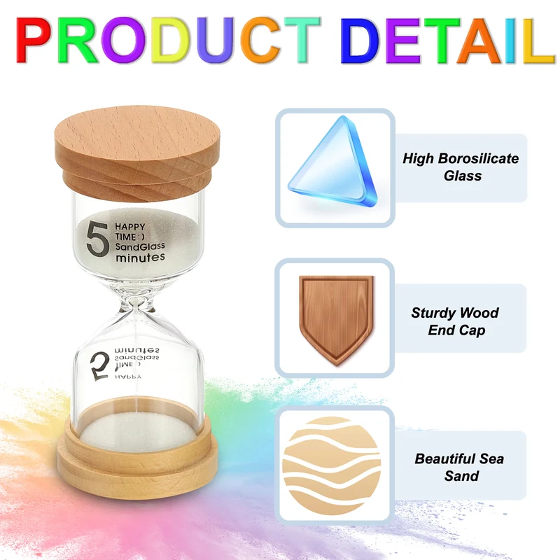 5 Minute Sand Timer, 2 Pcs High Borosilicate Glass Wooden Sand Watch, White
