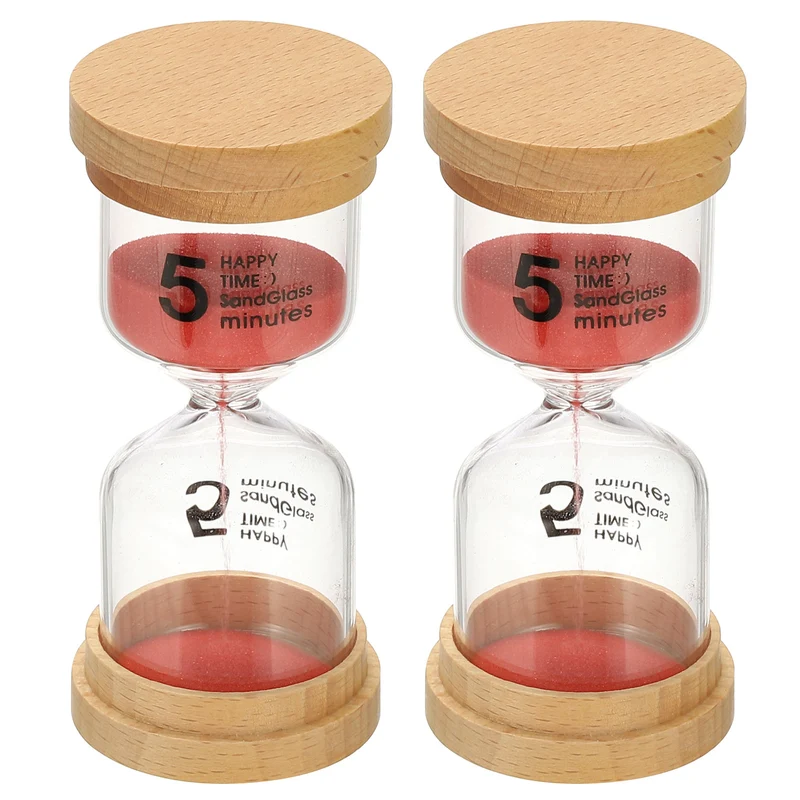 5 Minute Sand Timer, 2 Pcs High Borosilicate Glass Wooden Sand Watch, Red