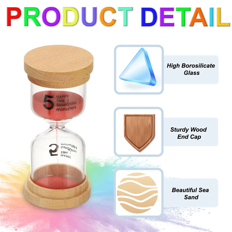 5 Minute Sand Timer, 2 Pcs High Borosilicate Glass Wooden Sand Watch, Red