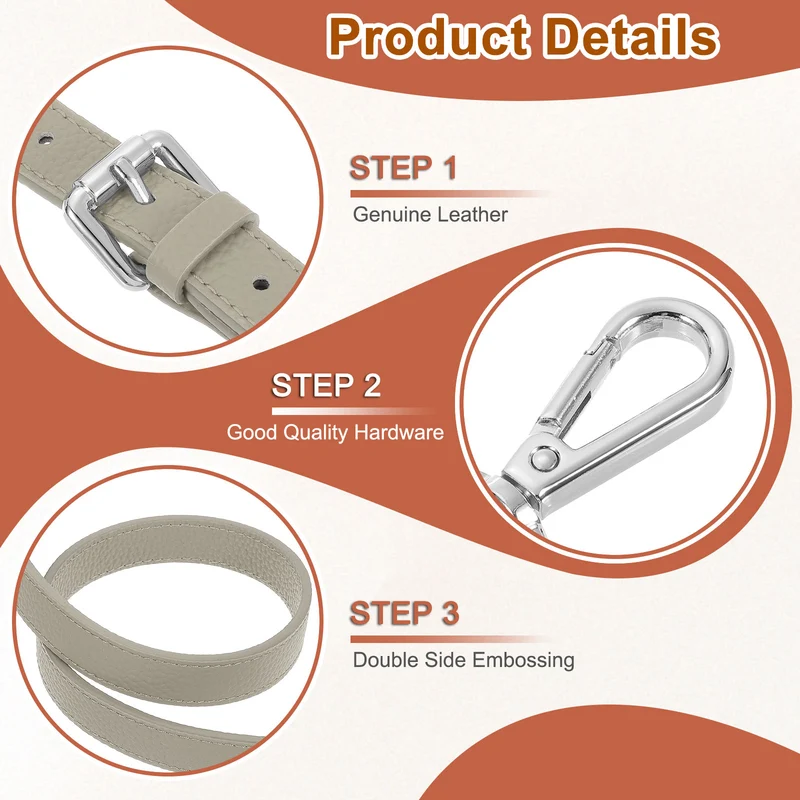 0.6" Genuine Leather Purse Strap for Bag (Grey, Silver Buckle)