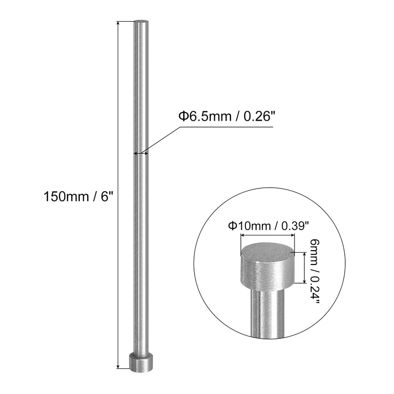 10Pcs Straight Ejector Pins, 6.5mm (0.26") Dia. SKD61 Round Tip Punch 150mm (6") Long for Mechanical Maintenance