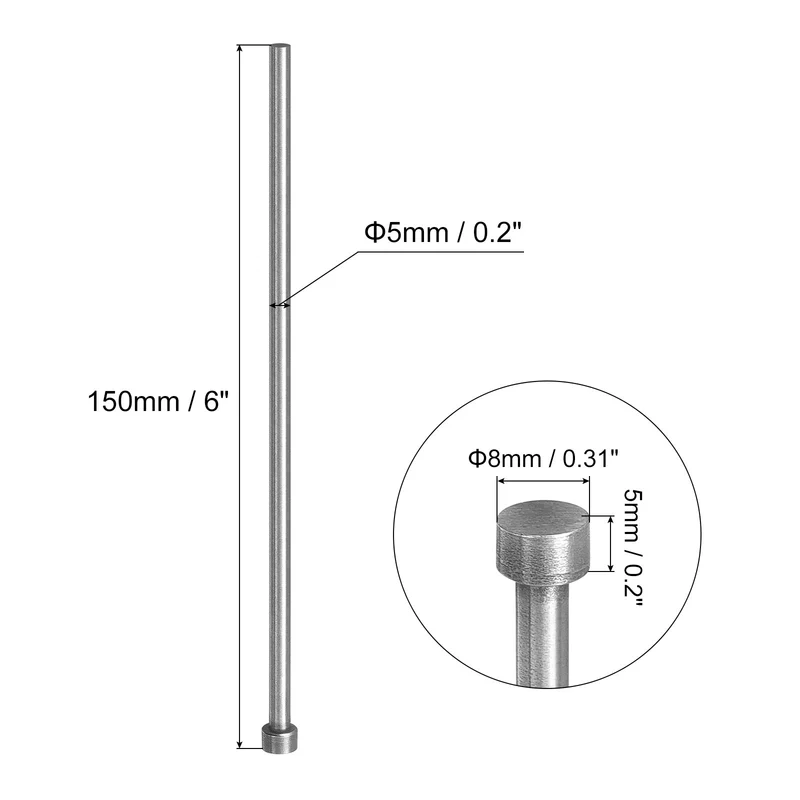 10Pcs Straight Ejector Pins, 5mm (0.2") Dia. SKD61 Round Tip Punch 150mm (6") Long for Mechanical Maintenance