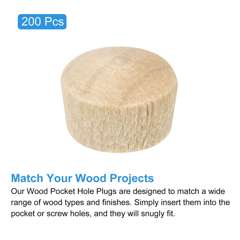 Pocket Hole Plugs, 200Pcs 5/16 Inch Round Head Wood Plugs Wooden Button Plugs Wood Screw Covers Furniture Screw Hole Plugs Wood Plugs for Screw Holes