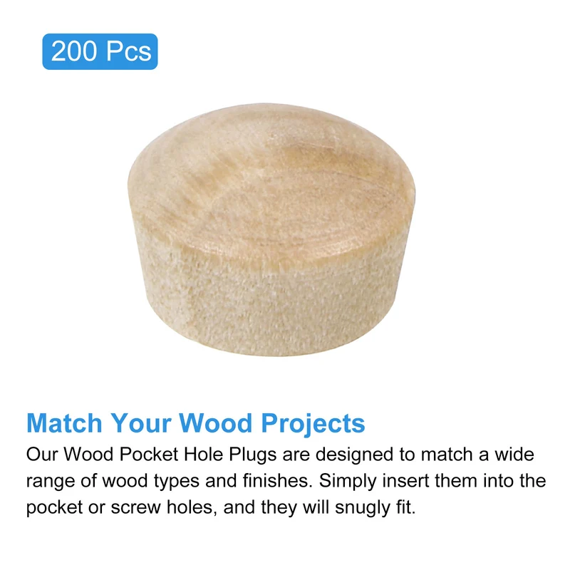 Pocket Hole Plugs, 200Pcs 3/8 Inch Round Head Wood Plugs Wooden Button Plugs Wood Screw Covers Furniture Screw Hole Plugs Wood Plugs for Screw Holes