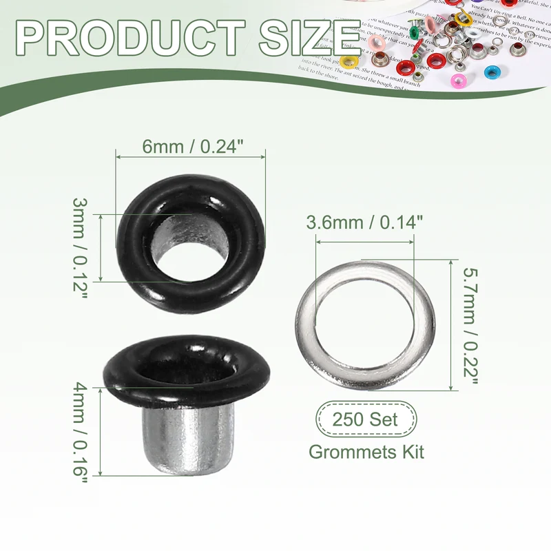 Grommets Kit, Metal Eyelets with Washers 3mm 1/8" & 250 Set & Bright Black