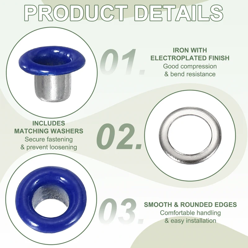 Grommets Kit, Metal Eyelets with Washers 3mm 1/8" & 250 Set & Dark Blue