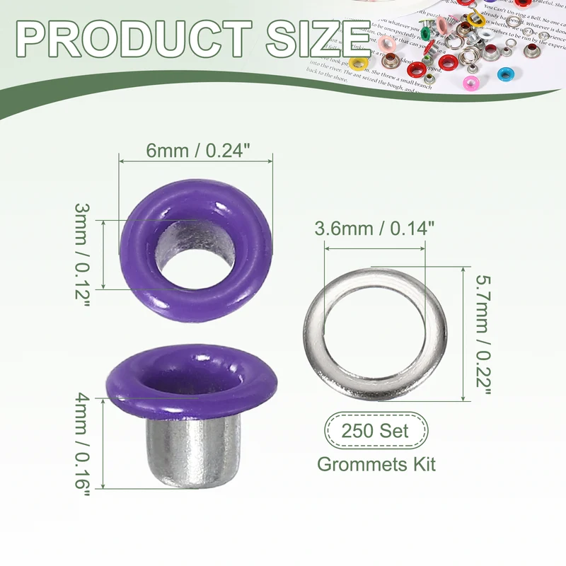 Grommets Kit, Metal Eyelets with Washers 3mm 1/8" & 250 Set & Purple