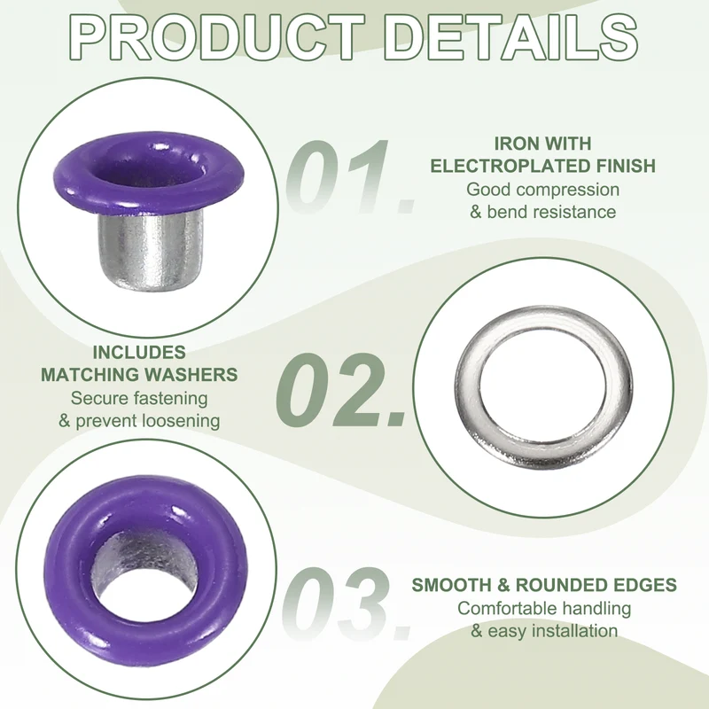 Grommets Kit, Metal Eyelets with Washers 3mm 1/8" & 250 Set & Purple