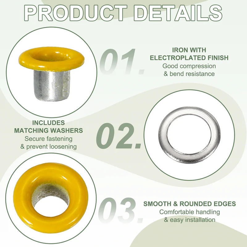 Grommets Kit, Metal Eyelets with Washers 3mm 1/8" & 250 Set & Yellow