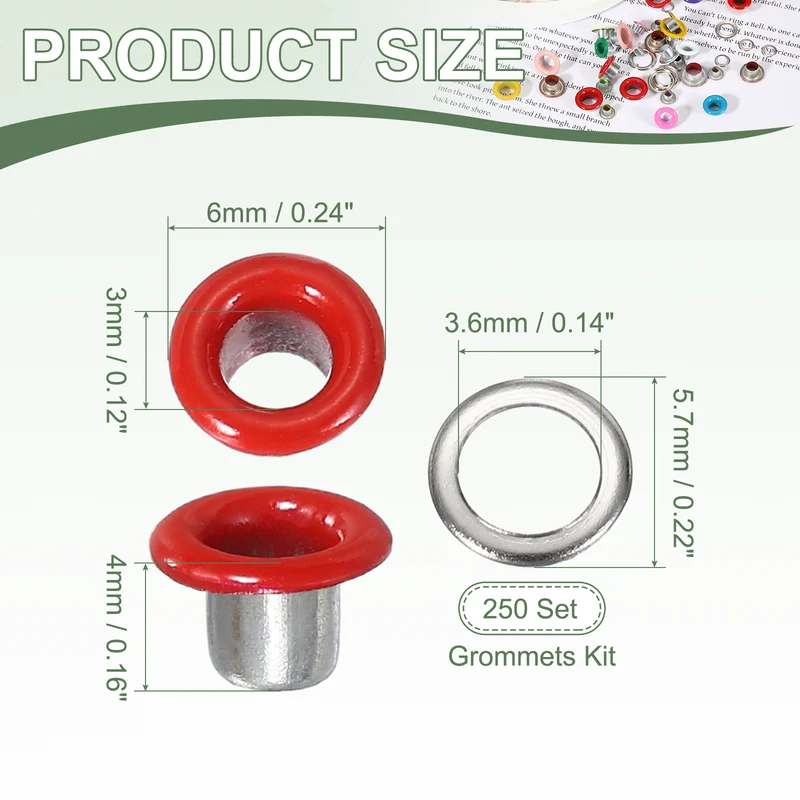 Grommets Kit, Metal Eyelets with Washers 3mm 1/8" & 250 Set & Red