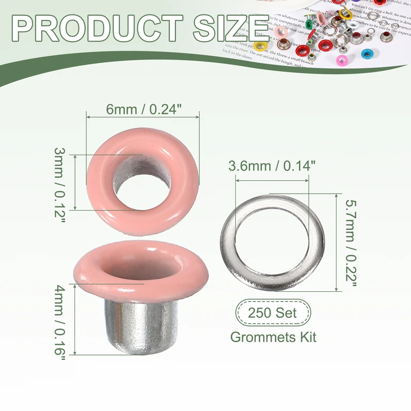 Grommets Kit, Metal Eyelets with Washers 3mm 1/8" & 250 Set & Pink