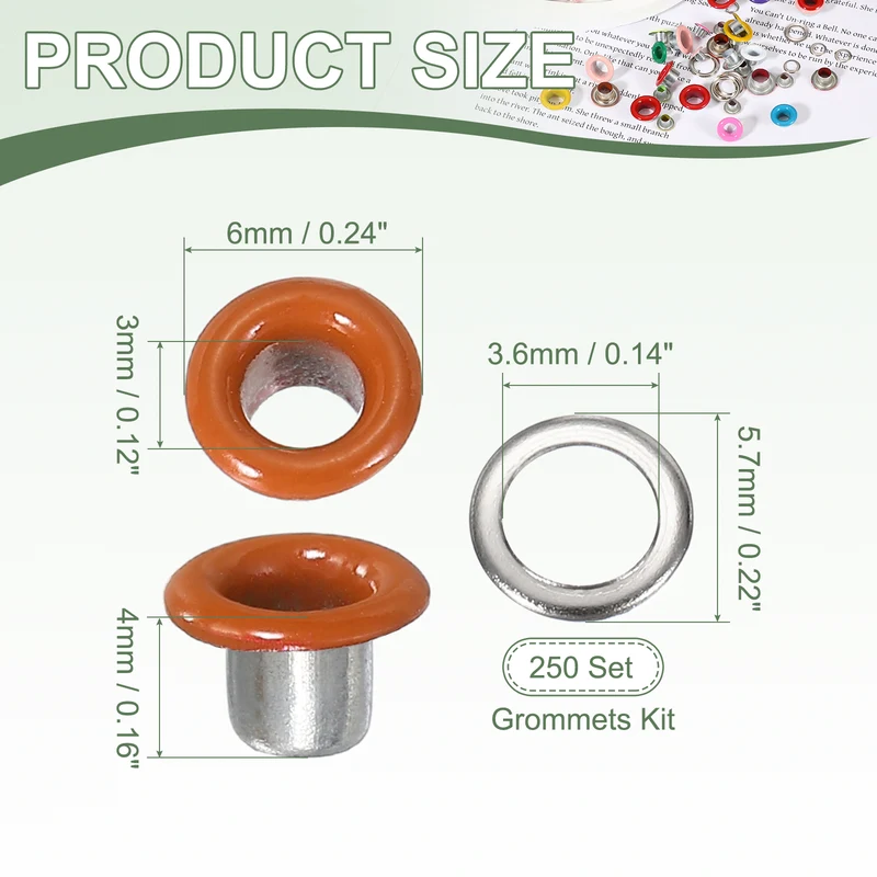 Grommets Kit, Metal Eyelets with Washers 3mm 1/8" & 250 Set & Orange