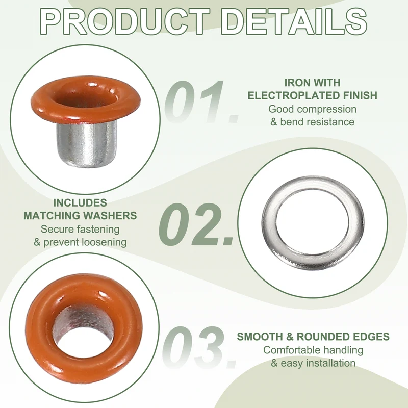 Grommets Kit, Metal Eyelets with Washers 3mm 1/8" & 250 Set & Orange
