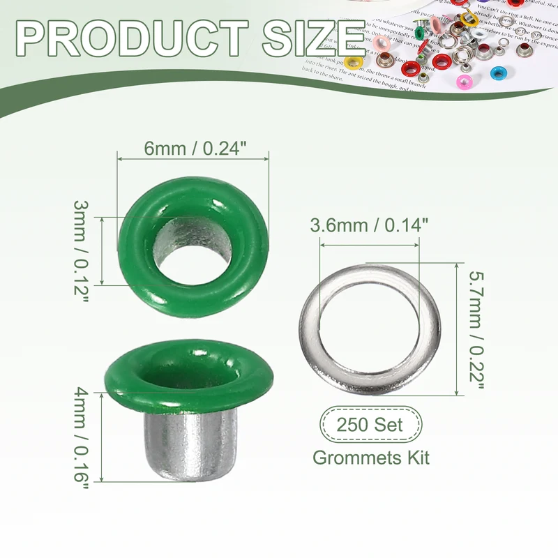 Grommets Kit, Metal Eyelets with Washers 3mm 1/8" & 250 Set & Cyan
