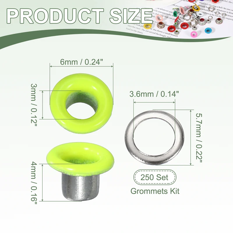 Grommets Kit, Metal Eyelets with Washers 3mm 1/8" & 250 Set & Fluorescent Green