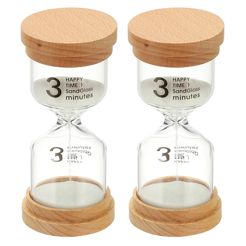 3 Minute Sand Timer, 2 Pcs High Borosilicate Glass Wooden Sand Watch, White