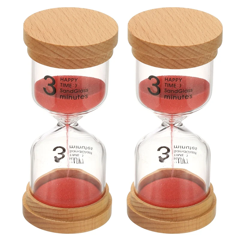 3 Minute Sand Timer, 2 Pcs High Borosilicate Glass Wooden Sand Watch, Red