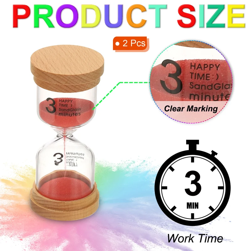 3 Minute Sand Timer, 2 Pcs High Borosilicate Glass Wooden Sand Watch, Red