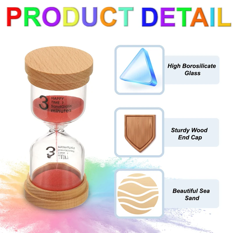 3 Minute Sand Timer, 2 Pcs High Borosilicate Glass Wooden Sand Watch, Red