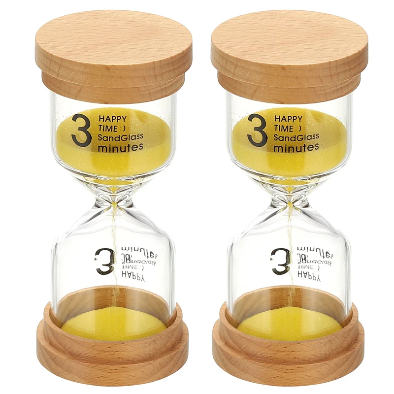 3 Minute Sand Timer, 2 Pcs High Borosilicate Glass Wooden Sand Watch, Yellow