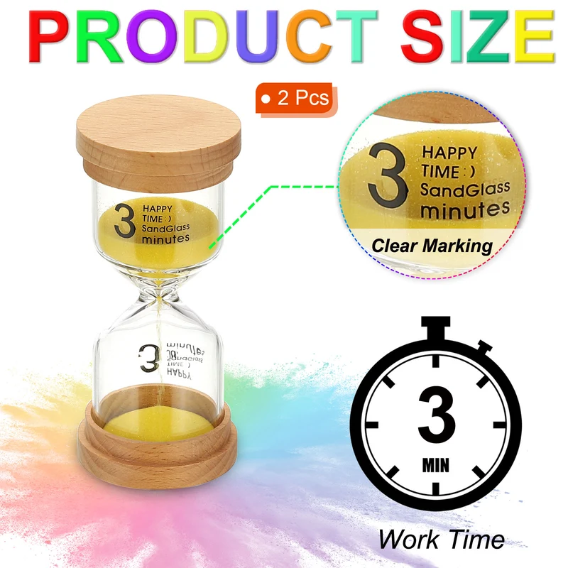 3 Minute Sand Timer, 2 Pcs High Borosilicate Glass Wooden Sand Watch, Yellow