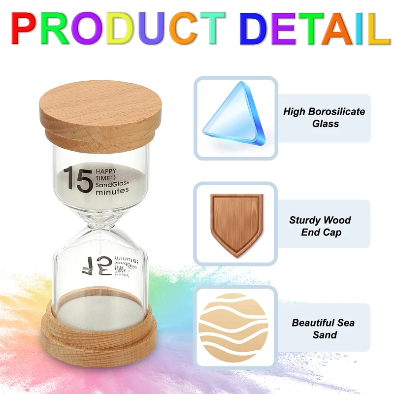 15 Minute Sand Timer, High Borosilicate Glass Wooden Sand Watch, White