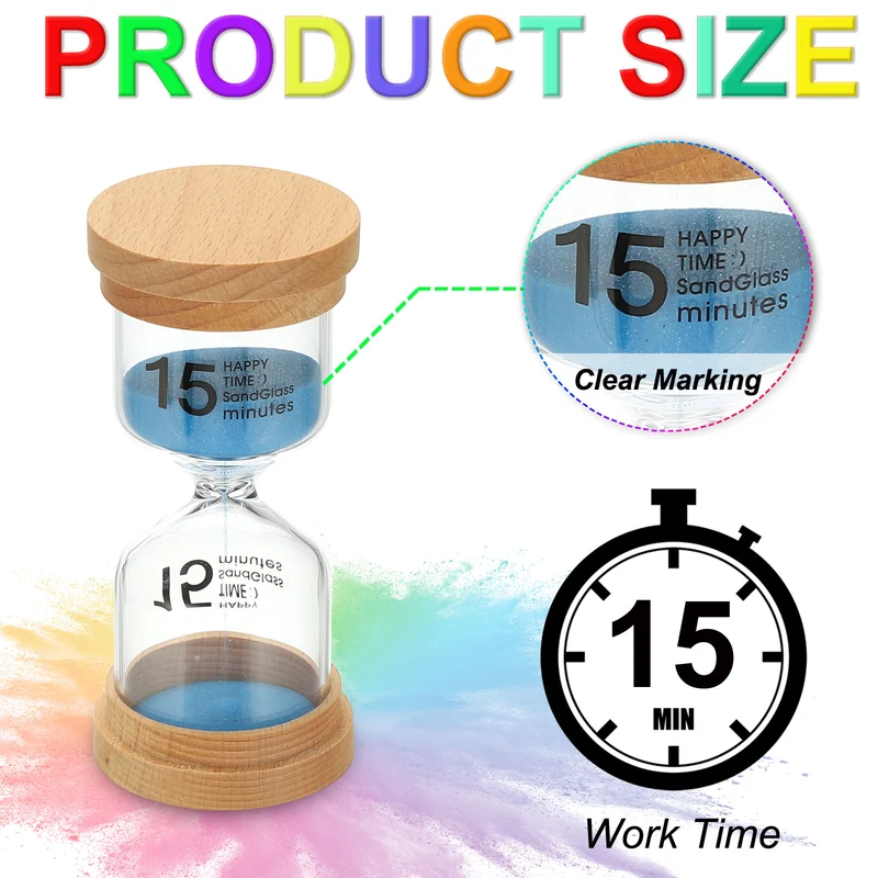 15 Minute Sand Timer, High Borosilicate Glass Wooden Sand Watch, Blue