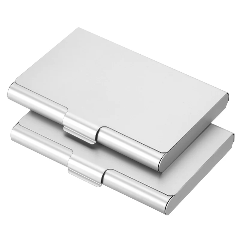 2Pcs Business Card Holder Aluminum Metal Professional Pocket Card Case Silver
